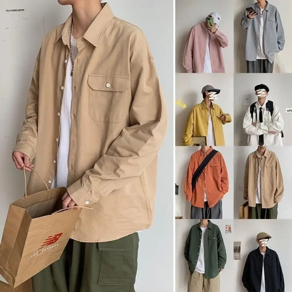 Spring Autumn Safari Shirt Men Long-sleeve Student Korean Trendy Oversize Tooling Shirts Ruffian Casual Solid Color Loose Shirt