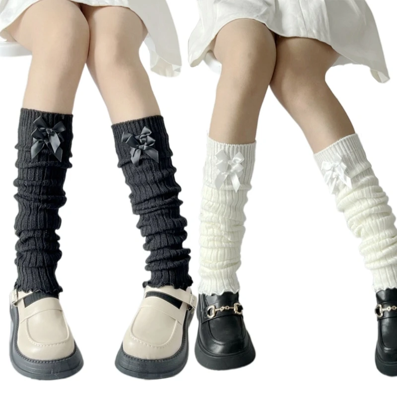 

Ribbed Knitted Leg Warmer Long Socks Japanese Women Girls Cute Double Bowknot Ruffled Boot Cuffs Foot Cover Stockings P8DB