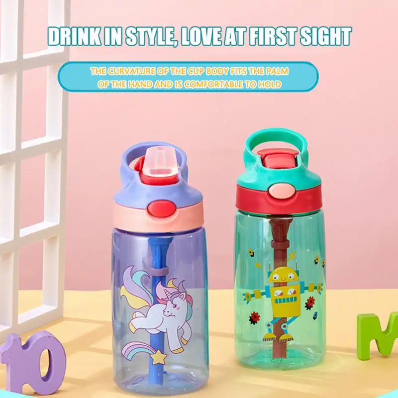 

Cartoon Cute Water Bottle With Straw Cup Portable Strap Transparent Kettle Children Lovely Leak Proof Drink Outdoor BPA Free
