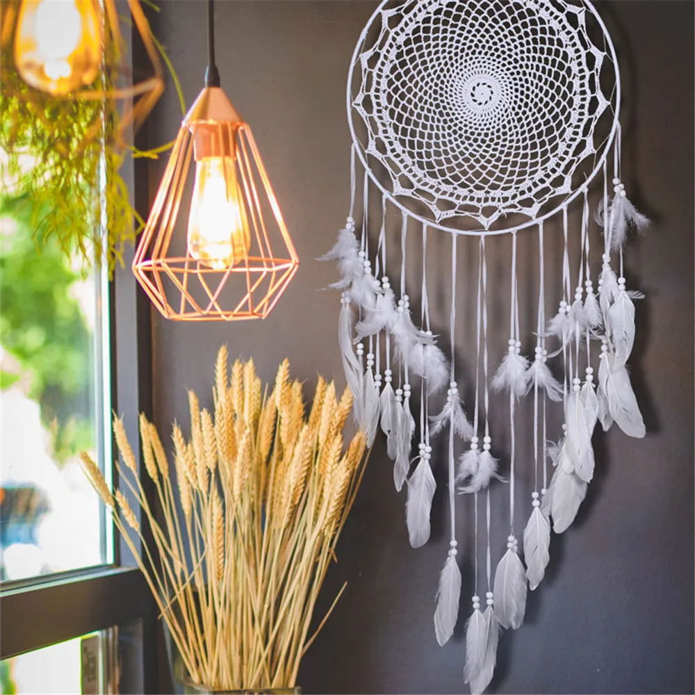 

Nordic Style Dream Catcher White Feather Wind Chime Ornaments Kids Room Home Hanging Decoration Wedding Party Supplies 110-120CM