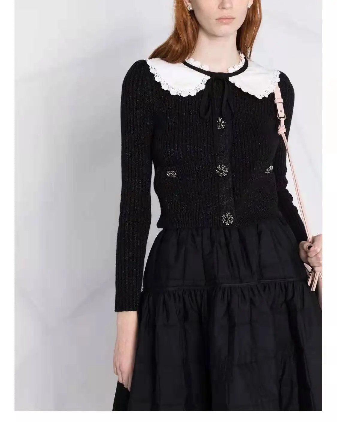 

Women Sweater Rhinestone Lace-up Peter Pan Collar Knitted Cardigan Casual Coat