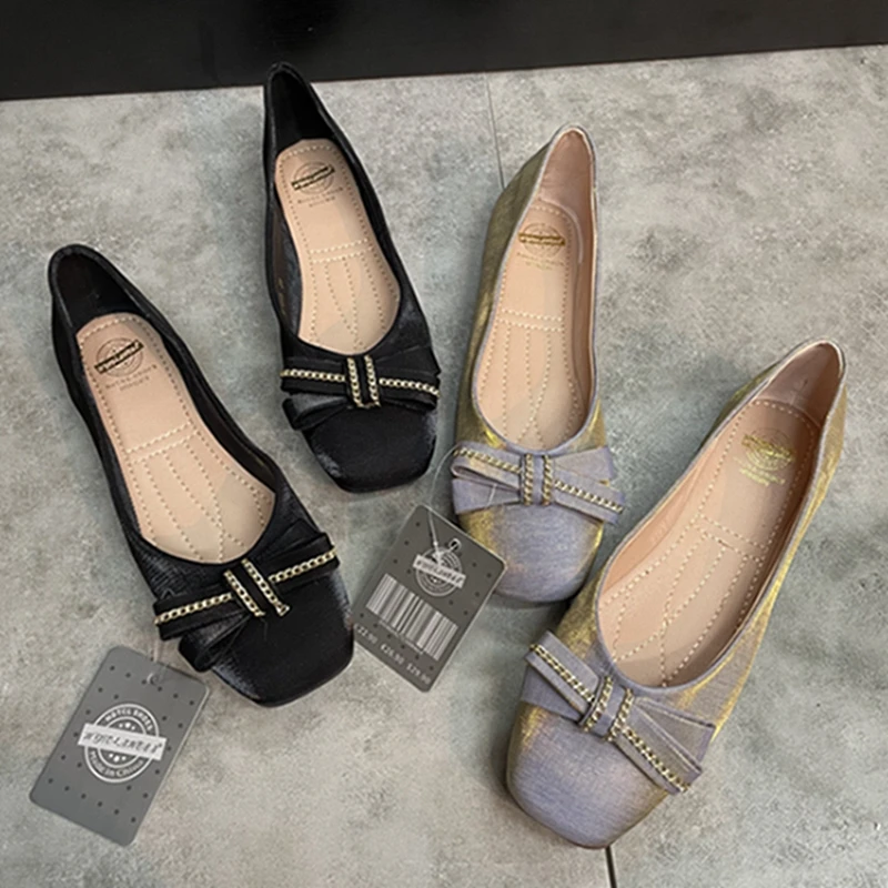 

Shallow Mouth Shoes Woman Flats Casual Female Sneakers Bow-Knot Square Toe Dress Comfortable Butterfly Grandma Slip-On Cotton Fa