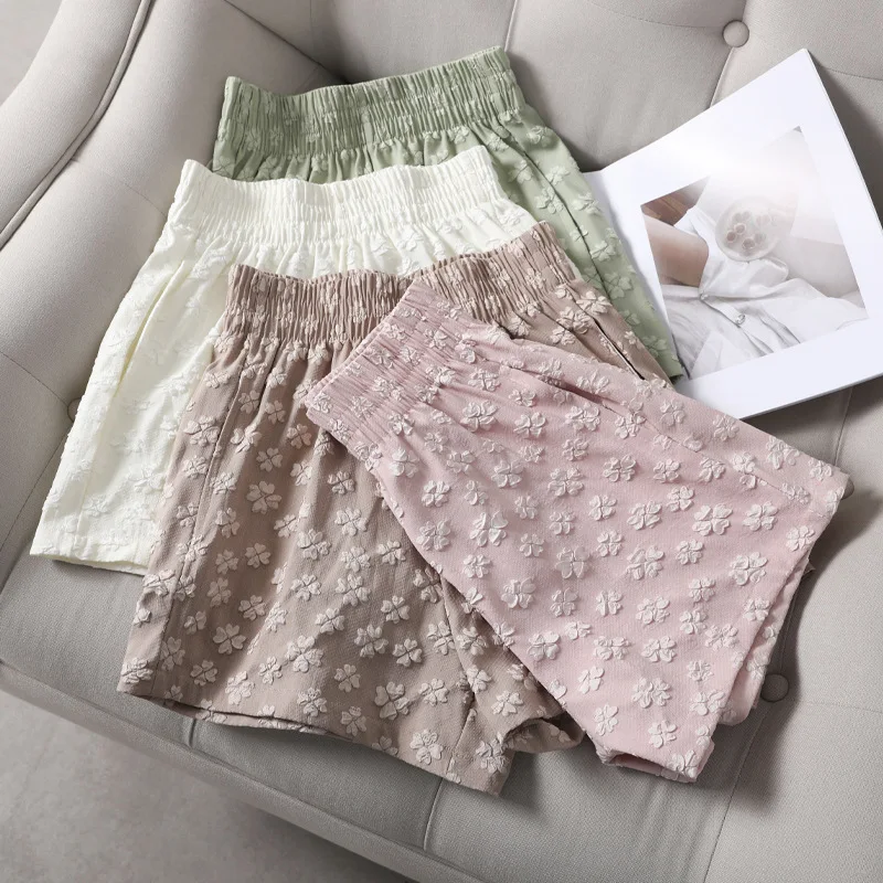 Women Shorts New Summer High Waist Jacquard Short Pants A-line Elastic Waist Wide Leg Korean Fashion Thin Casual Sport Shorts