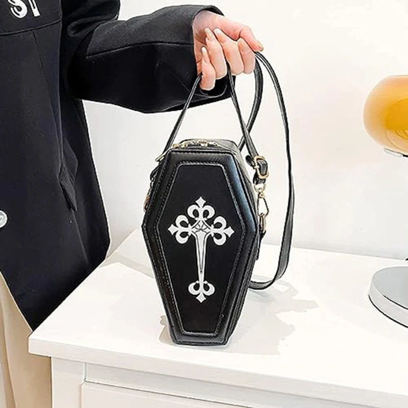 

Retro Gothic Shoulder Bag Halloween Handbag Cross Crossbody Bag Coffin Shape Purses for Women Girls Theme Party