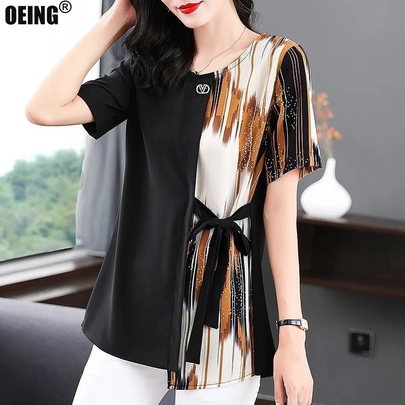 

Short Sleeve Patchwork Bandage T-shirt Summer Dress 2022 New Mid-length Loose Oversized Top Women All-match Vintage T-shirts
