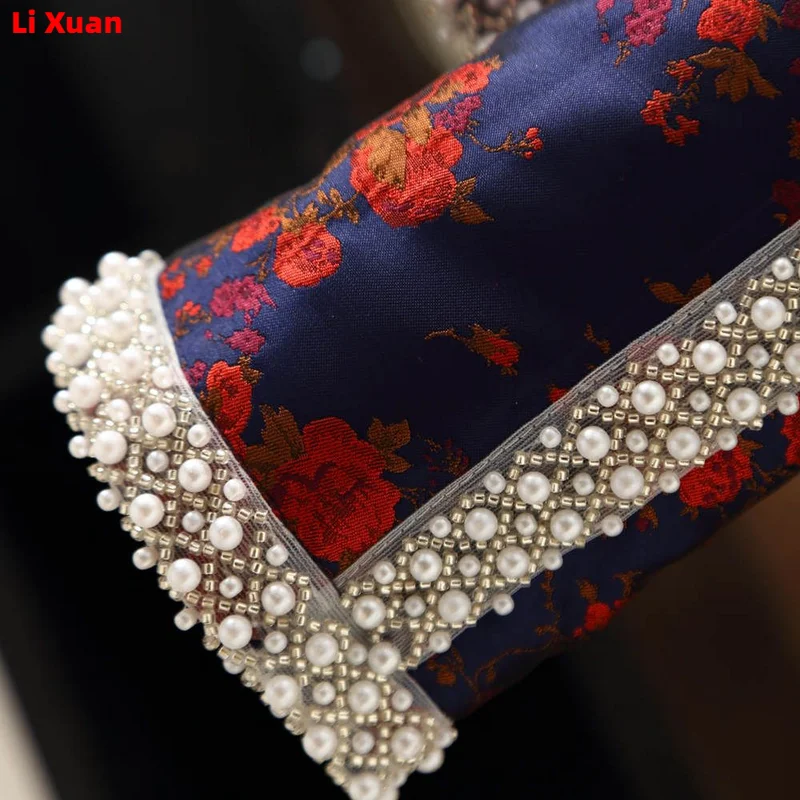 Quality Elegant Spring Autumn Brocade Short Flower Beaded Coat Round Neck Slim Fit Collarless Jacket Blazer Small Fragrance Top