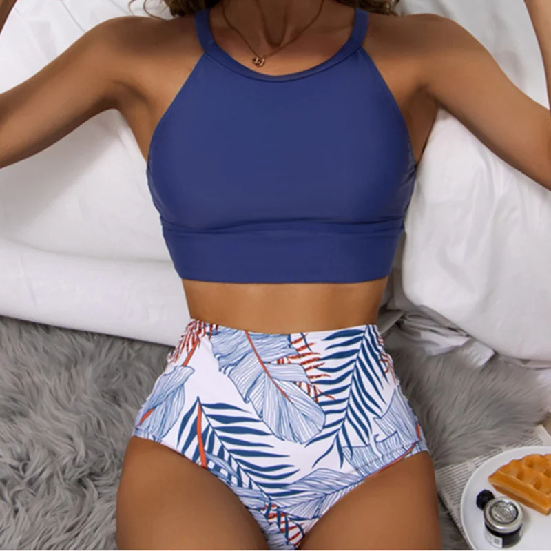 

2022 Brown Leaf High Waist Bikini Women High Neck Swimsuit Printed Swimwear Female Padded Beachwear Sexy Bathing Suit