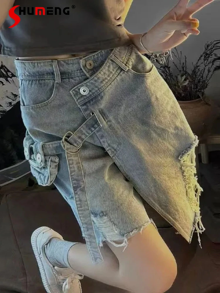 

Woman's Summer Irregular Ripped Denim Shorts Ins American Worn Five-Point Hot Pants Streetwear Boyfriend Short Jeans for Women
