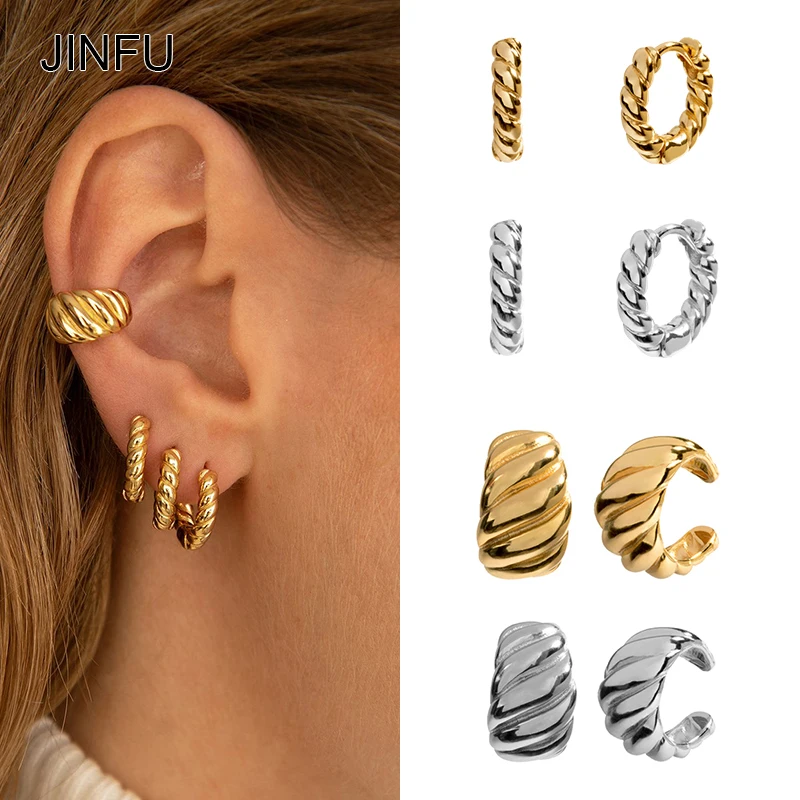 JINFU Copper Gold Plated Clip Earrings For Women Fashion Fake Piercing Ear Clips Wemen Circle Ear Cuff Jewelry 2022 Wholesale