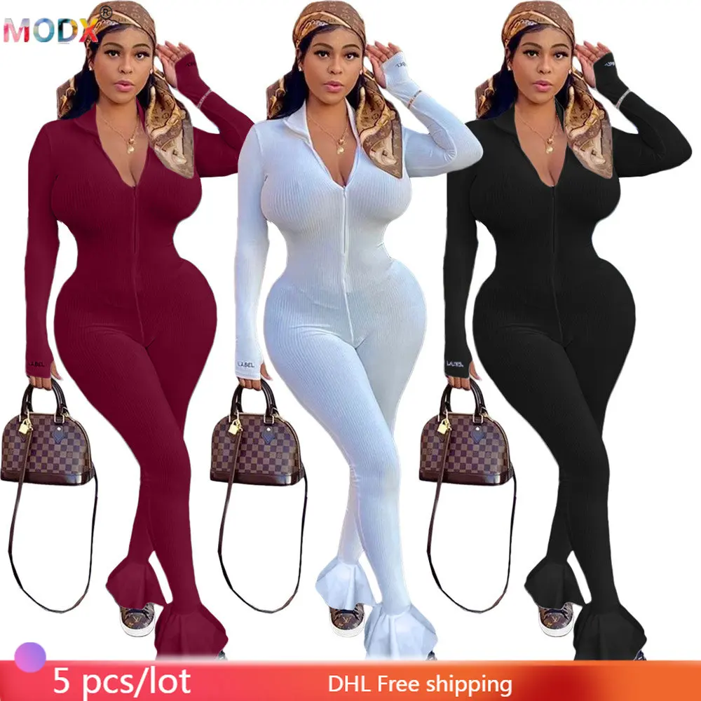 

5 Wholesale Jumpsuit Women Sexy Bodycon Rib One-piece Romper Flounce Pants Turn Down Collar Letter Embroidery Lady Overalls 8847