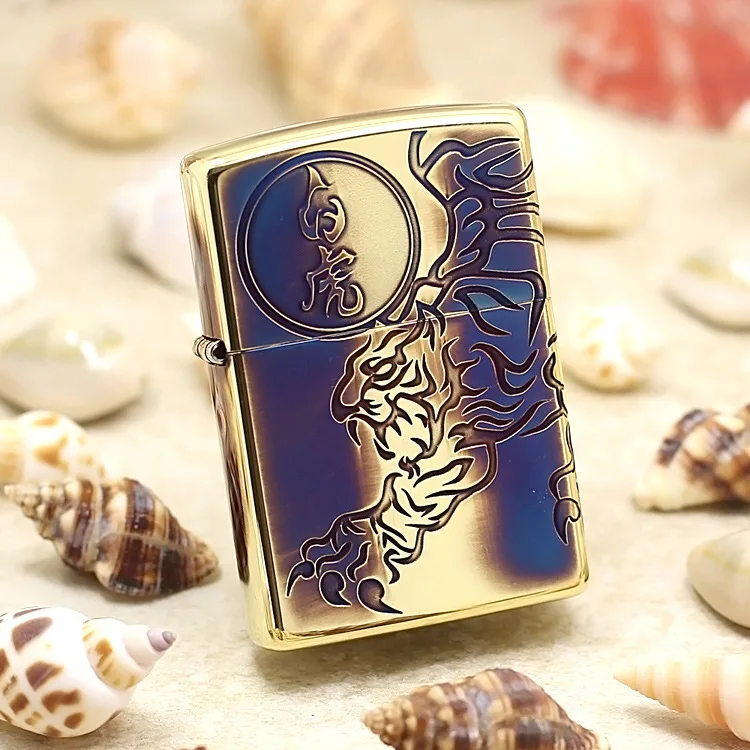 

Оригинальная зажигалка Zippo, медная ветрозащитная сигаретная зажигалка с золотым и белым тигром, керосиновые зажигалки, подарок, защита от п...