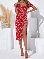 women summer vintage party dresses fashion floral print sweetheart collar side split midi dress puff sleeve lady france style