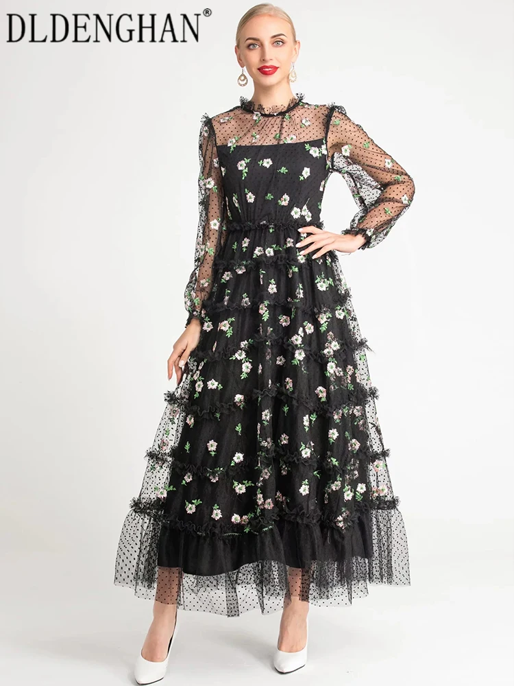 

DLDENGHAN Fashion Designer Spring Mesh Maxi Dress Women Lantern Sleeve Flower Embroidery Bohemian Long Dresses