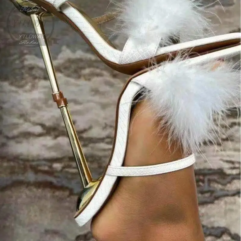 2022 NEW Summer New Pointed Black Feather Heels Hairy Shallow Open Toe Shoes Super High  Women's Sandals Pump  Zapatos