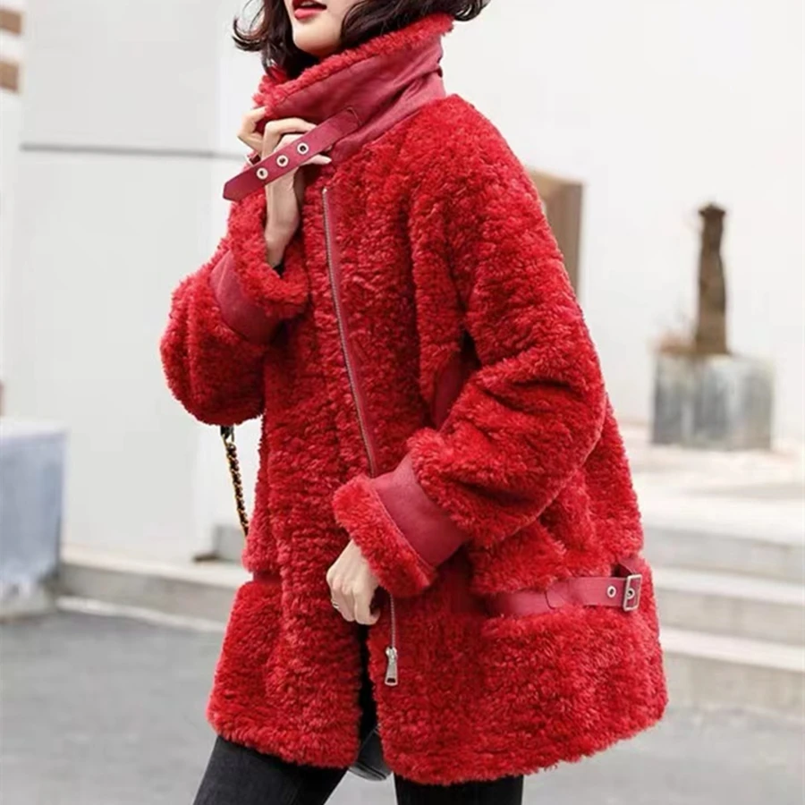 Winter Grain Fleece Faux Lambwool Coat Women Warm Thick Plush Overcoat Mid-length Outwear Top Motorcycle Jackets Casaco Teddy