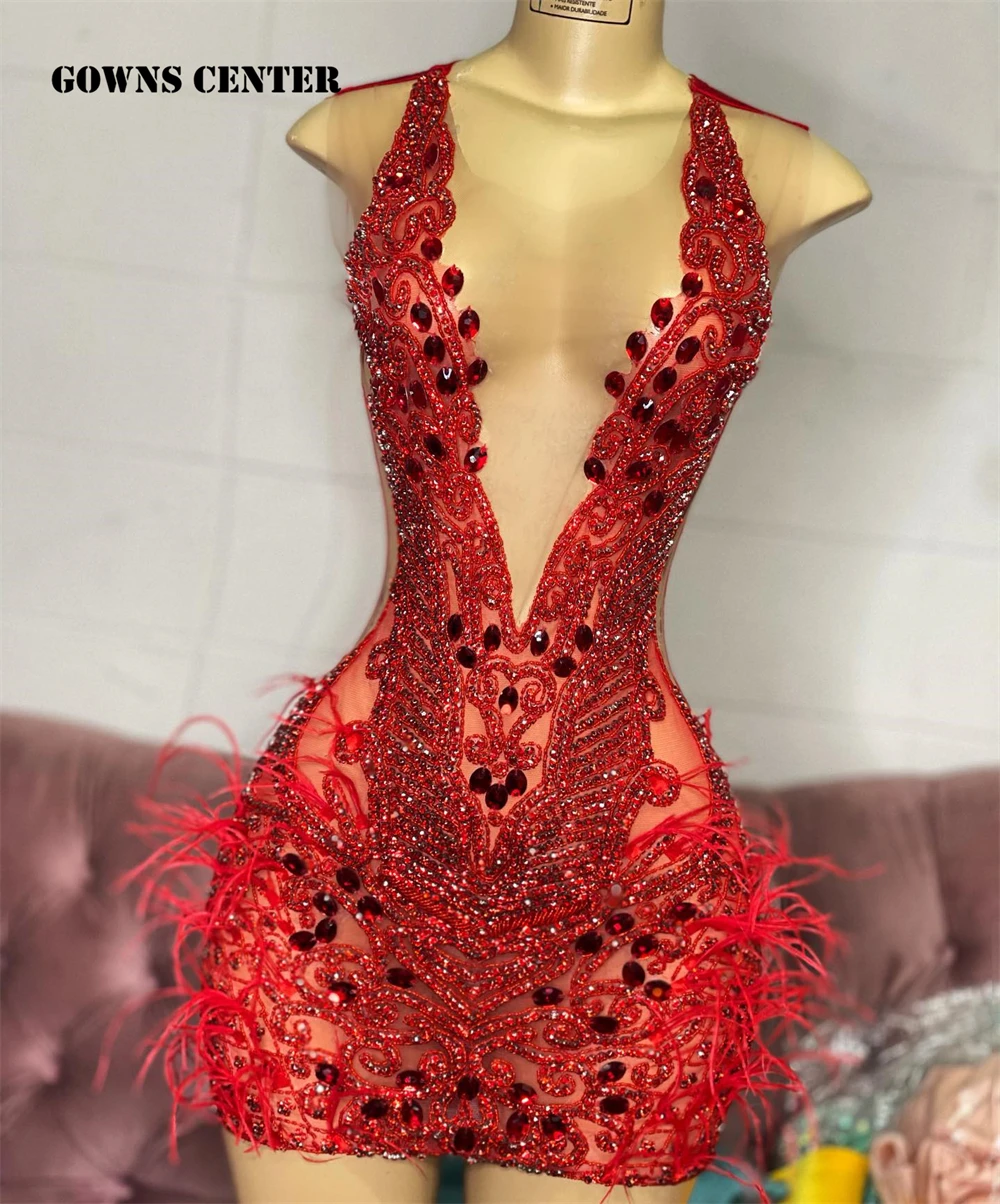 

Pretty Luxury Sparkly Red Feathers Prom Dress African Crystal Beading Birthday Party Formal Gowns Black Girls Short 2024
