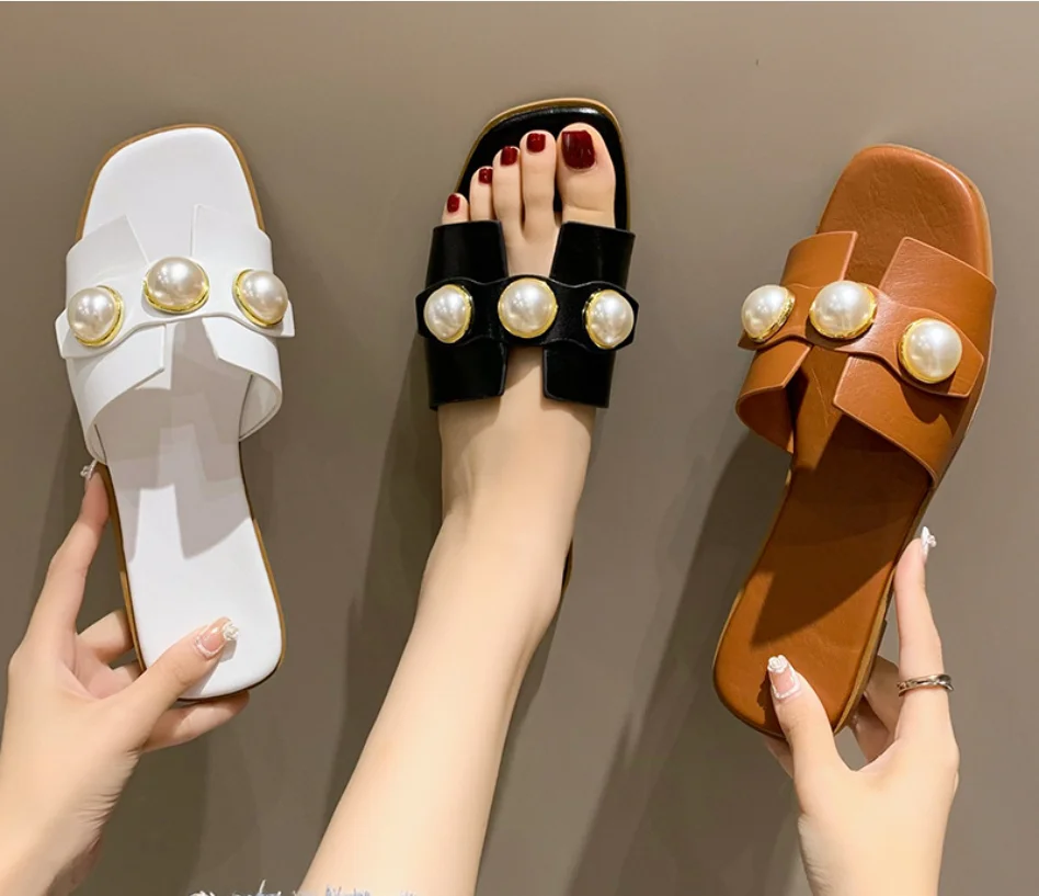Slippers Women's 2022 new flat shoes Party shoes Fashion pearl sandals Slippers Roman women's casual beach shoes Fashion shoes