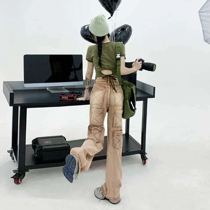 Aesthetic Vintage Cargo Women's Pants Y2k High Waist Straight Baggy Jeans Casual Chic Fake Zippers Pocket Female Trousers 2023