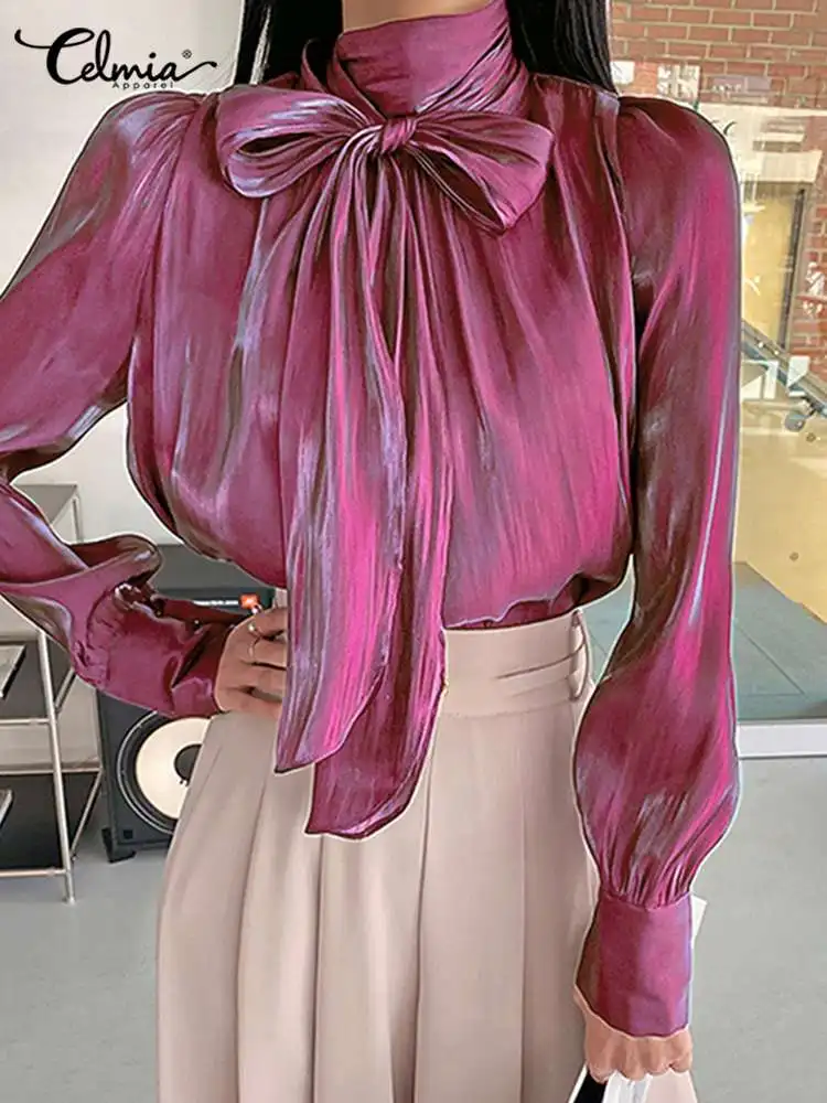 

Celmia Fashion Bow Tie Collar Chemise Elegant Back Zipper Tunic Tops Women 2022 Summer Blouses Party Shiny Long Sleeve Blusa