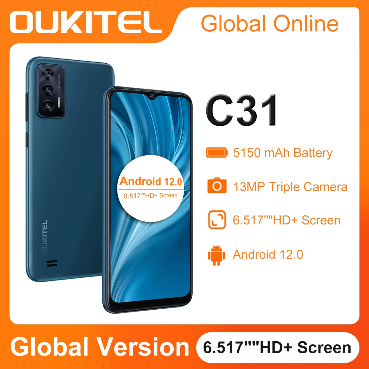 Смартфон Oukitel C31 защищенный, Android 12, 5150 мАч, 3 + 16 ГБ, тройная задняя камера, дюйма, HD + INCELL