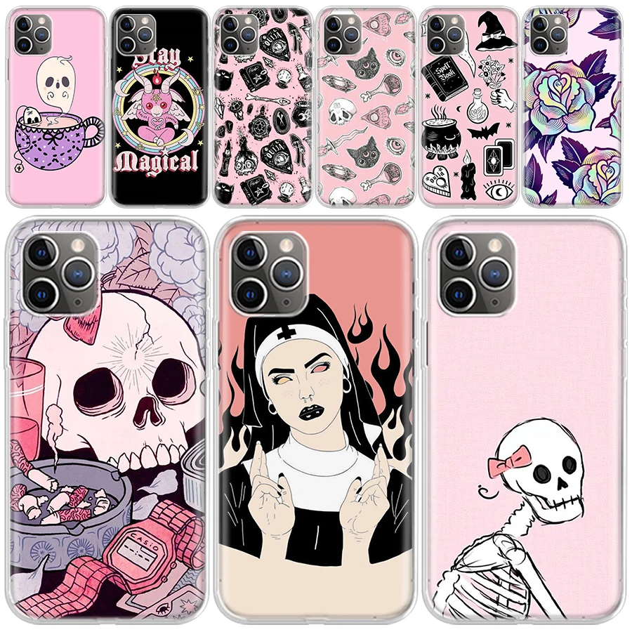 

Pink Cat Skull Sorceress Witch Phone Case for iPhone 13 Pro 12 Mini 11 Max X XS XR 7 Plus 8 6 6S Apple SE 2020 5 5S Pattern Sili