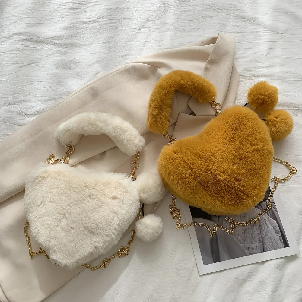 

Faux Fur Heart-shaped Women Handbags Fluffy Plush Ladies Chain Shoulder Bag Fashion Female Furry Daily Clutch Purse