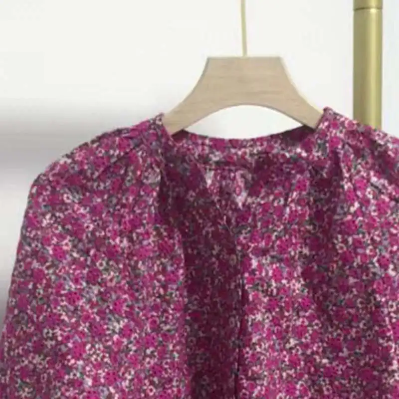 

2023 Spring New Women Shirt Puff Sleeve Floral Print Embroidery Tops