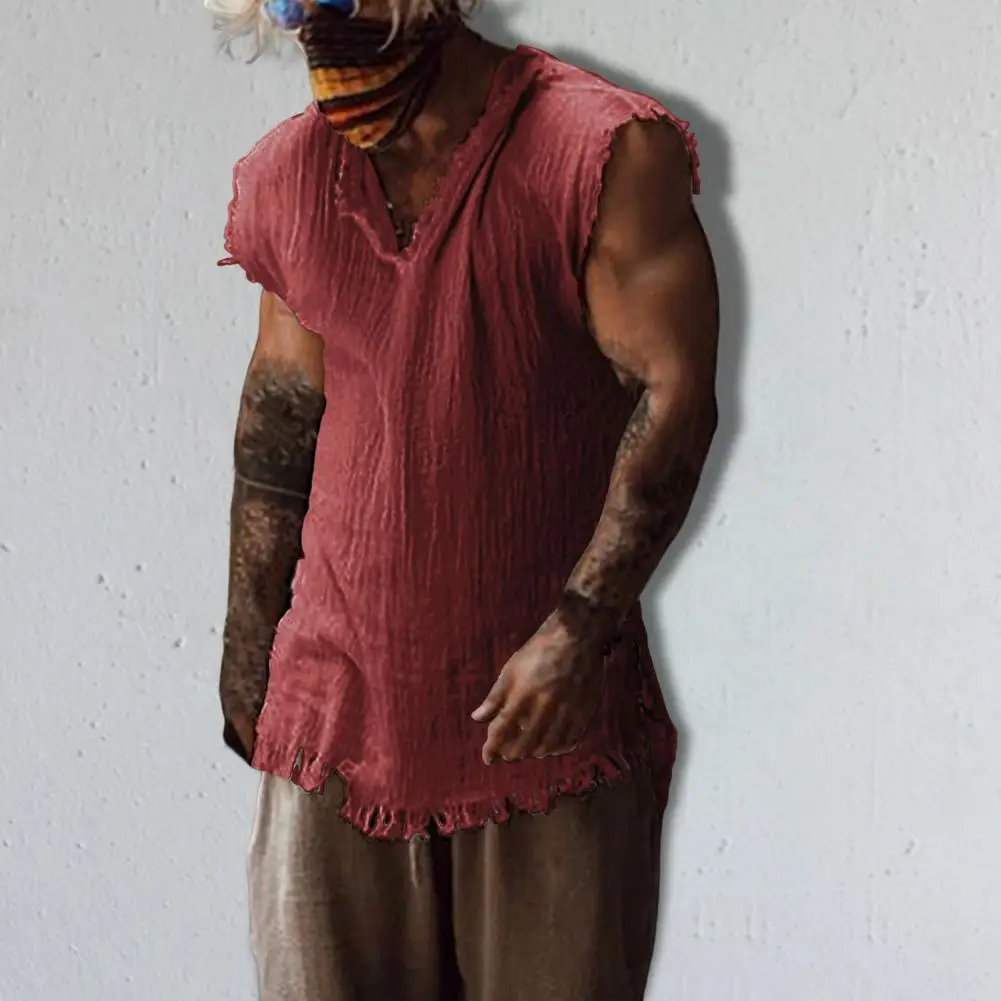 

Men Vest Solid Color Casual Leisure Individual Old Style Loose Type Ripped Edge V Neck Sleeveless Men Tank Top Daily Clothes