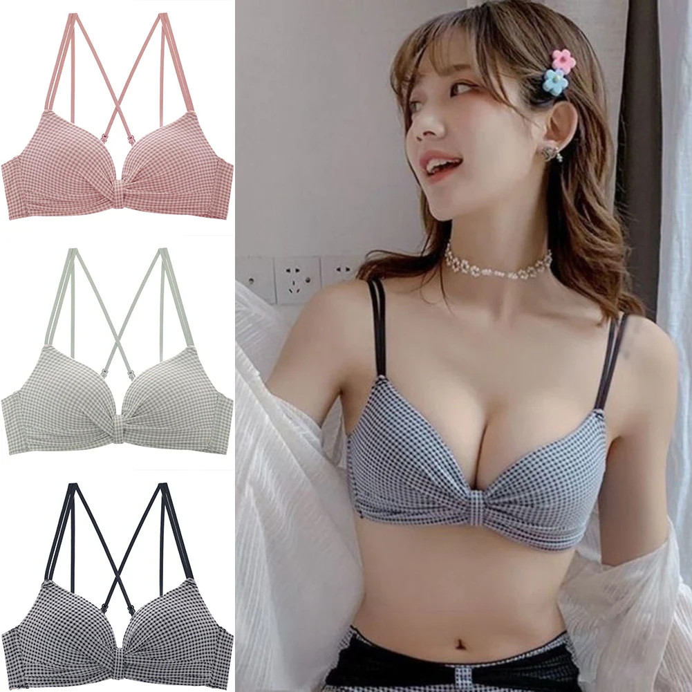 

Бюстгальтер женский без косточек, пикантное нижнее белье с чашками пуш-ап, милый клетчатый с бантом, с перекрестными складками, с открытой с...