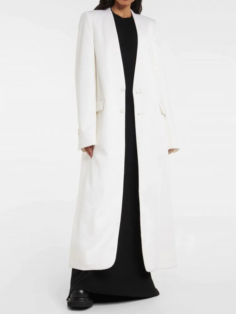 

White Suit Coats Women's Early Spring Coat Deep V Single Breasted X-long Outerwear Back Split Straight External Wear Overcoat
