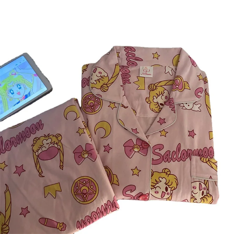 Pink Pajamas for Girls Women Sweet Homesuit Japan Cute Pyjama Sailor pattern Sin Chanv Nightwear Casual Long Sleeves Spring Cozy