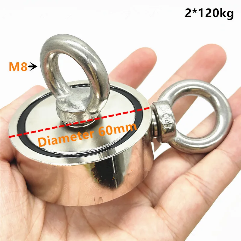 

Double-Side Neodymium Fishing Magnets with Eyebolt, 2x150kg Pulling Force 60mm Diameter - Magnet for River Lake Fishing