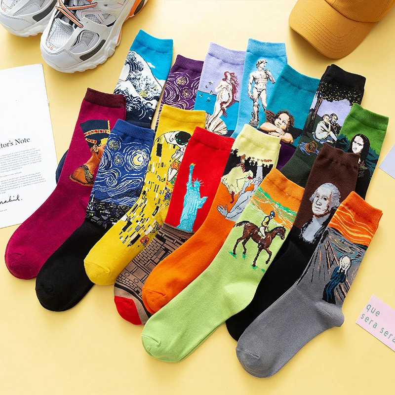 Funny Cotton Art Oil Painting French Style Socks for Men and Women Fashion Casual Novelty Colorful Middle Calf Summer Spring