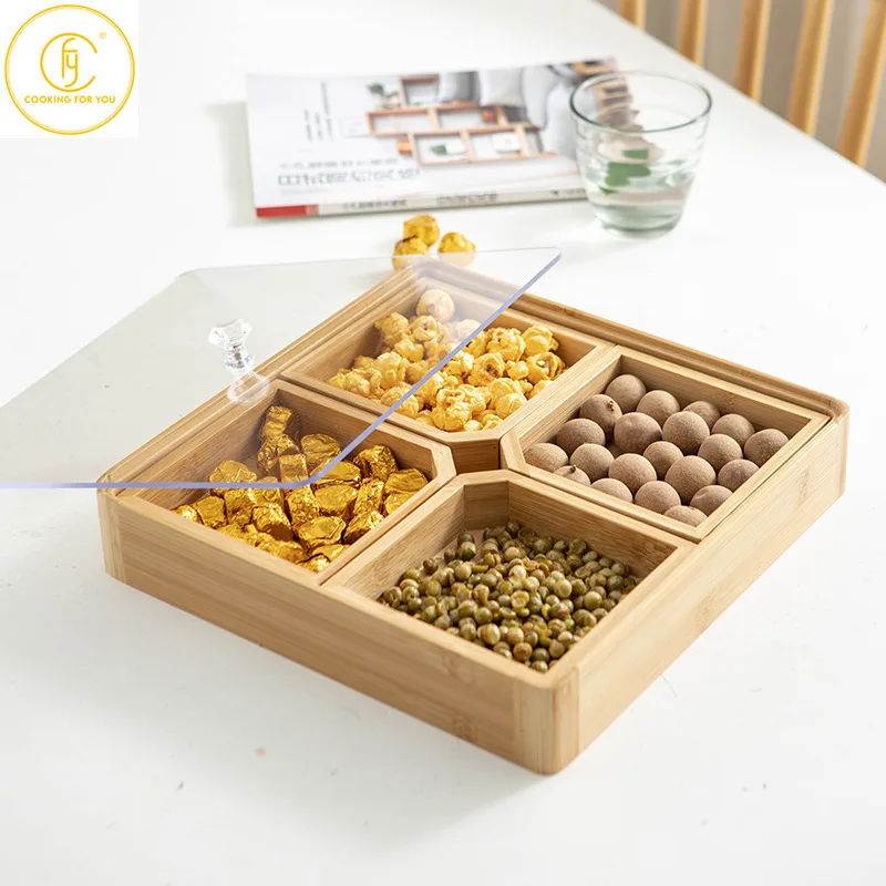 

4 Grids Bamboo Square Candy Storage Box Snack Nut Box Flower Candy Fruit Plate Food Storage Case Dried Fruit Storage Organizer