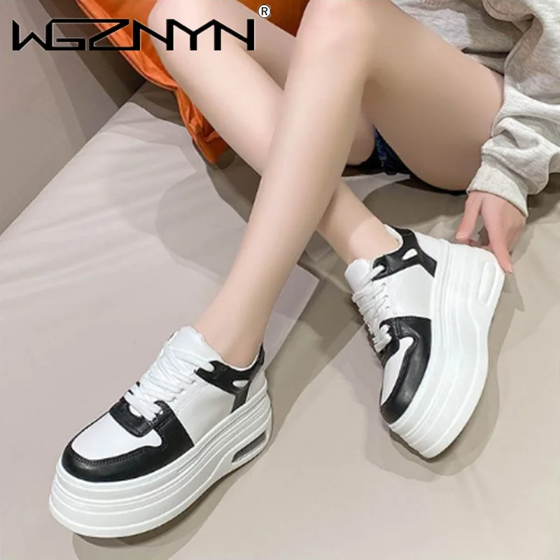 

Nature Leather Women Sneakers Runway Designer Platform Lace Up Female Height Increasing Causal Flat Trainers Walking Shoes Women