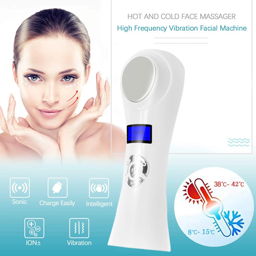 Hot Cold Hammer Ultrasonic Cryotherapy HD Display Shrink Pores Facial Lifting Vibration Massager Ultrasound Eye Skin Care Devic