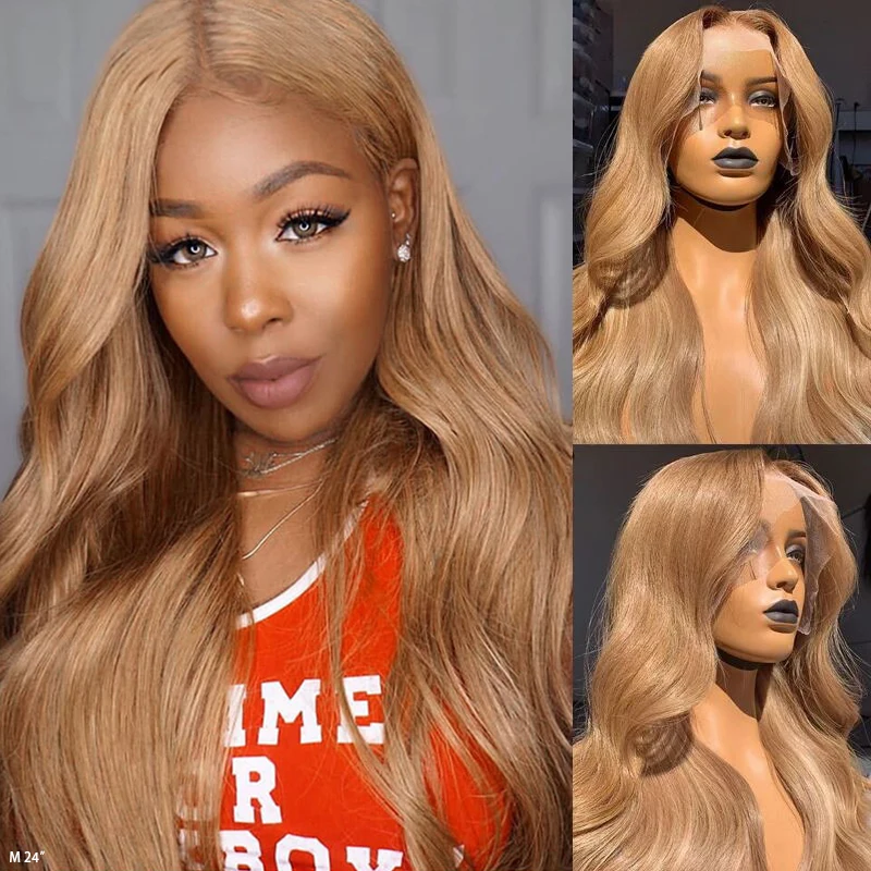 Scheherezade Honey Blonde Lace Wig Human Hair Deep Middle Part Lace Front Wigs 150% PrePlucked #27 Wavy Brazilian Remy 4x4x1 Wig