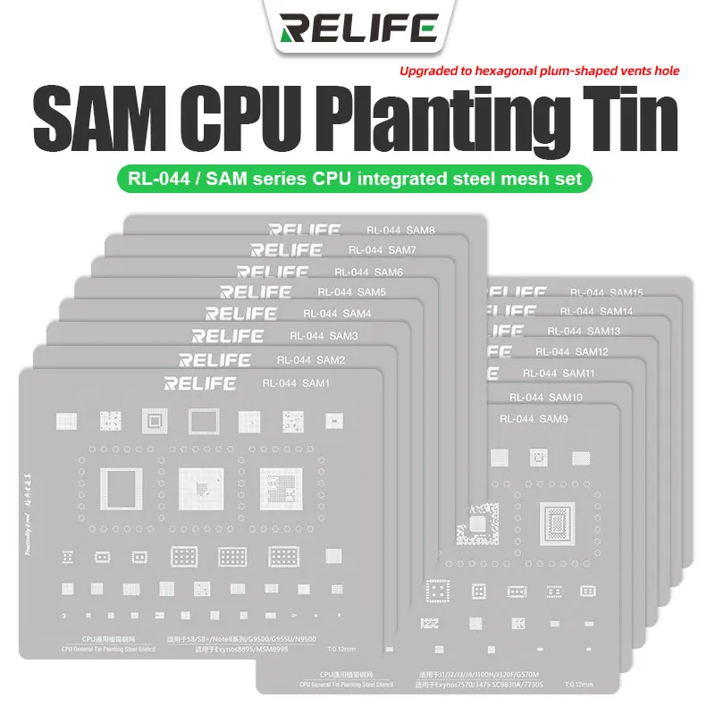 

RELIFE RL-044 IP MI HW SAM Series CPU Integrated Stencil Set for Mobile Phone Repair Tin Planting BGA Reballing Steel Mesh