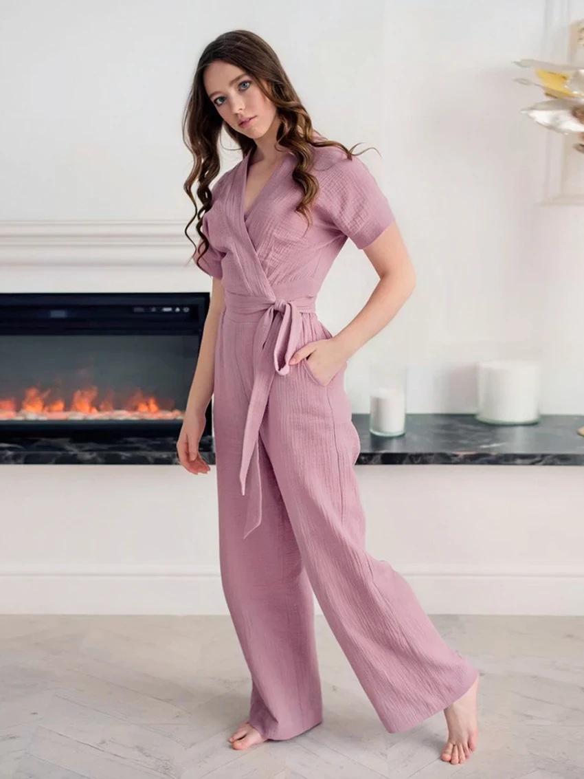 

Marthaqiqi Solid Cotton Women Sleepwear Sexy V-Neck Short Sleeve Lace Up Crop Top Nightie Pyjamas High Waist Pants Pajama Set