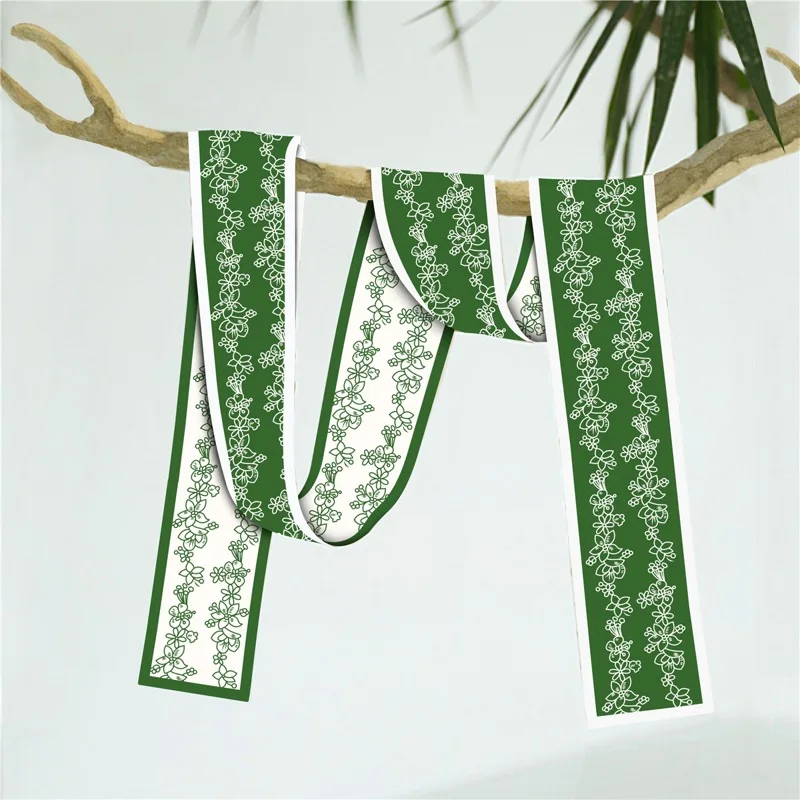 

130x7cm Green Color Women Narrow Long Scarf Original Silk Handle Bag Ribbons Headbands Scarf For women