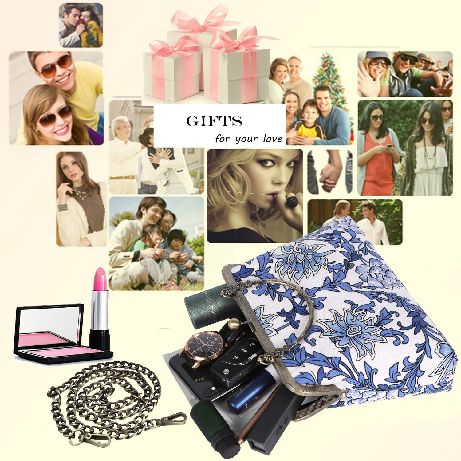 Abuyall Kiss Lock Top-Handle Handbag Floral Canvas Chain Strap Shoulder Bag Vintage Evening Tote Shell Crossbody Purse DIY Lady