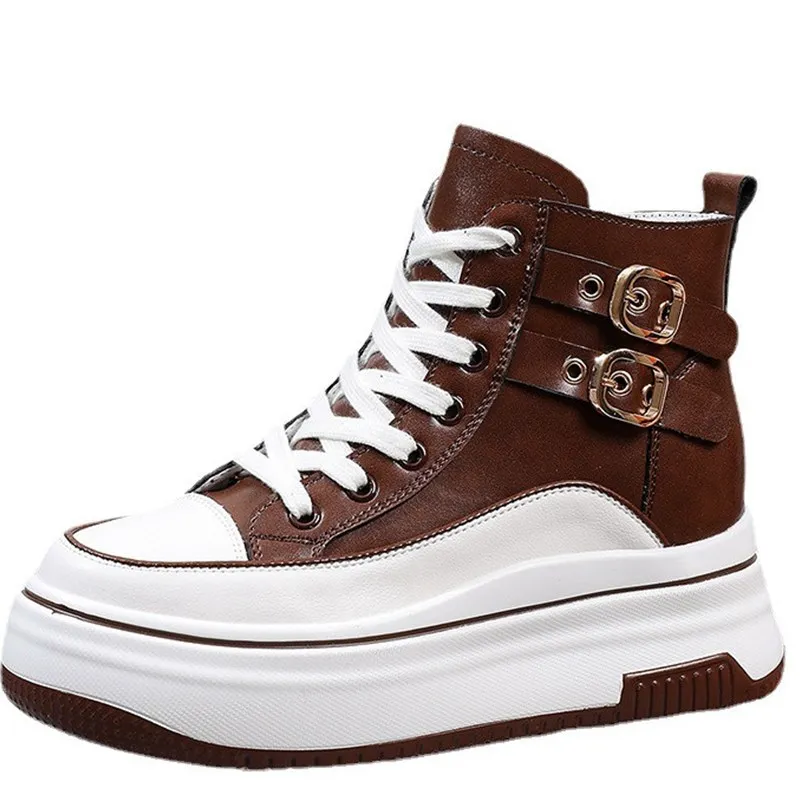 

6cm Cow Genuine Leather Ankle Boots Platform Wedge Women Casual Leisure Spring Autumn Bootiess Females Rubber Soled Shoes