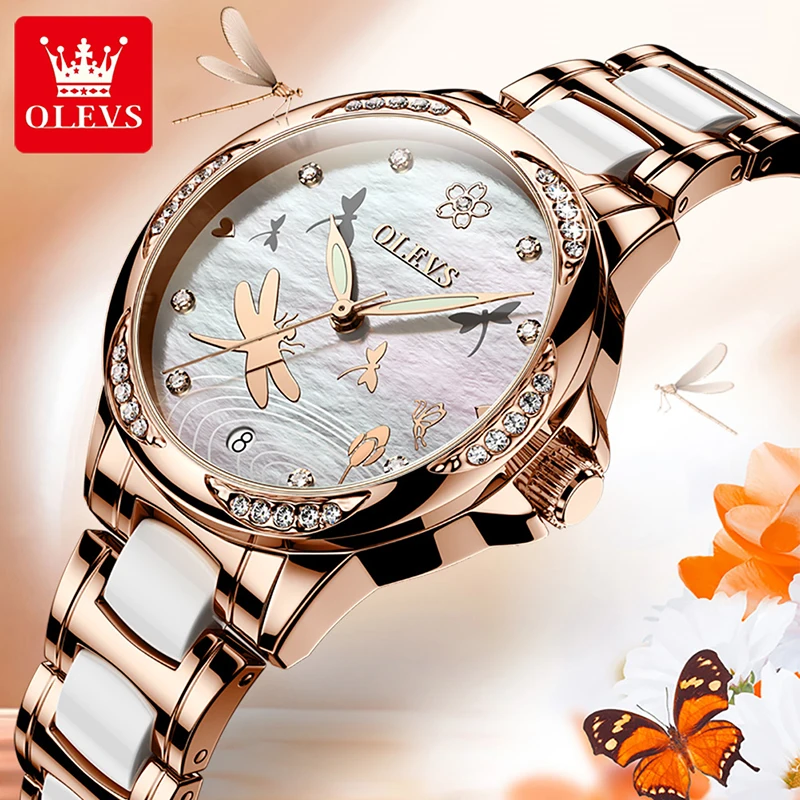OLEVS Luxury Diamond Fashion Butterfly Dial Automatic Mechanical Watch Trend Women's Ceramic Luminous Waterproof Watches 6610