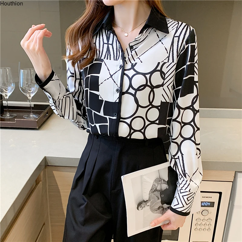 

Summer Autumn Women's Blouses New Top Long Sleeve Polo Shirt Splicing Fashion Casual Loose Printing Chiffon Houthion