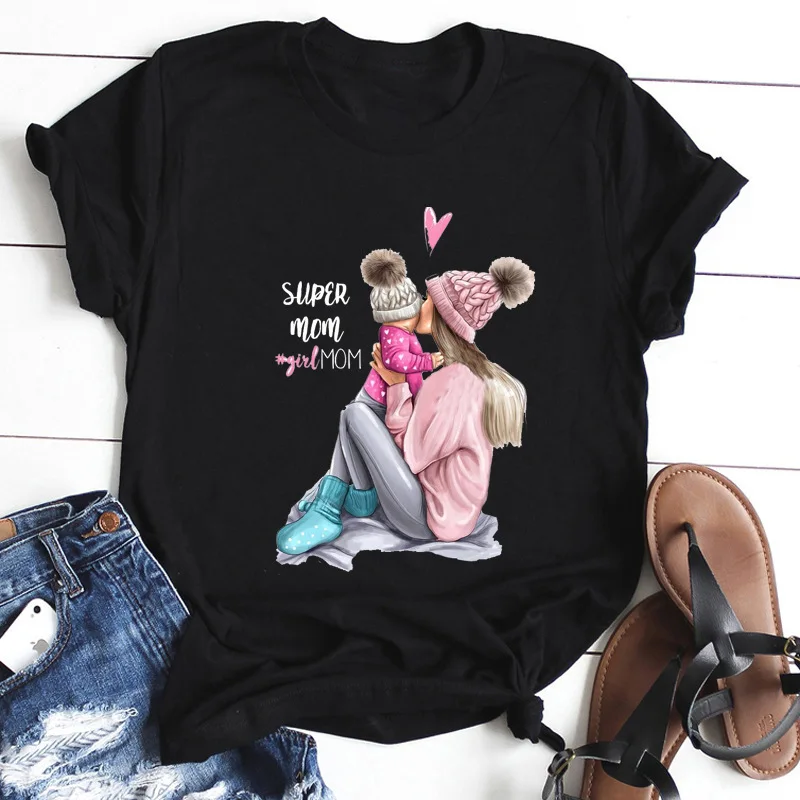 

MOM Cartoon Parent-child Letter Pattern T-Shirt Maternal Love Women Tees Женская футболка Streetwear Summer Female Soft Tops