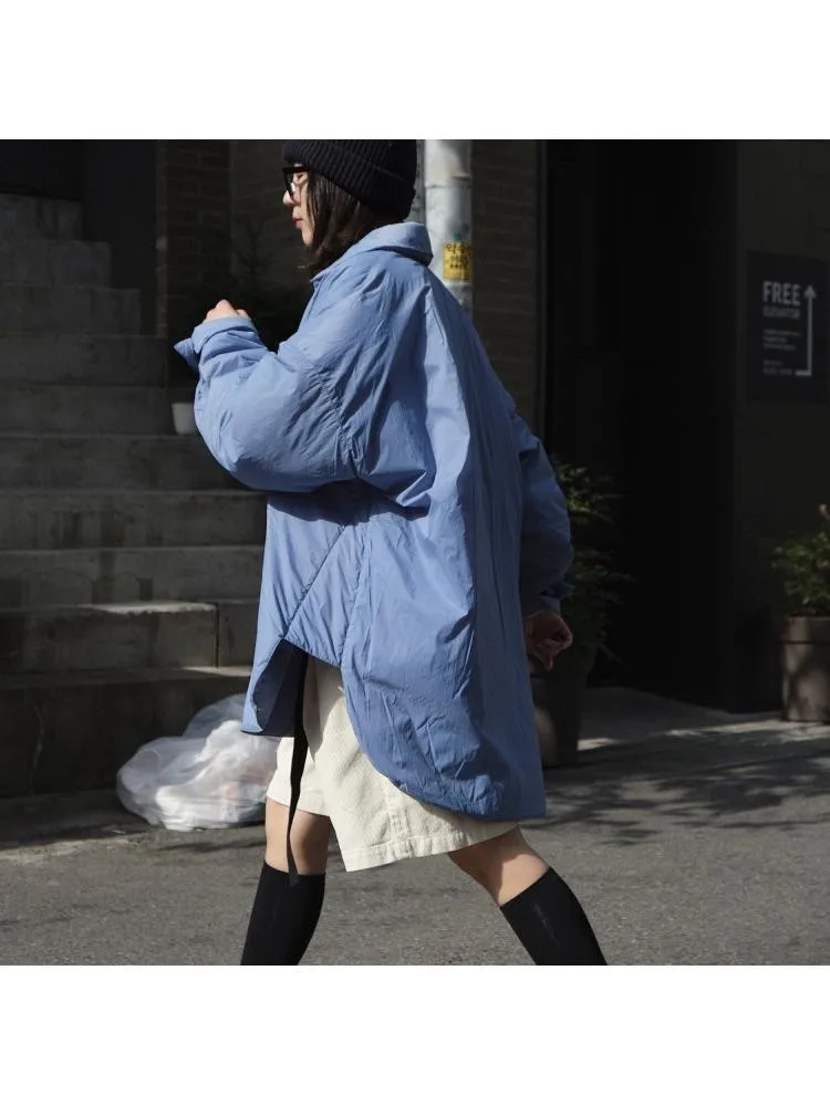 2022 Fall Winter Korean Design Sense Quality Lapel Shirt Style Cotton-Padded Parka Jacket Women Loose White Black Long Warm Coat