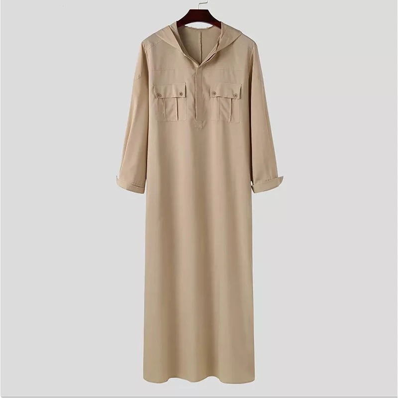 Solid Color Muslim Robes Men Long Sleeve Jubba Thobe Kaftan Arabia Dubai Abaya Islamic Clothing With Hooded Loose Musulman Homme