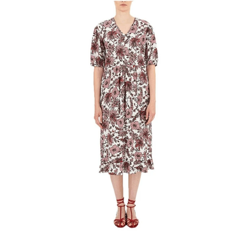 2023 Spring and Summer New Women V-neck Short-sleeved Waist Silk Print Dress