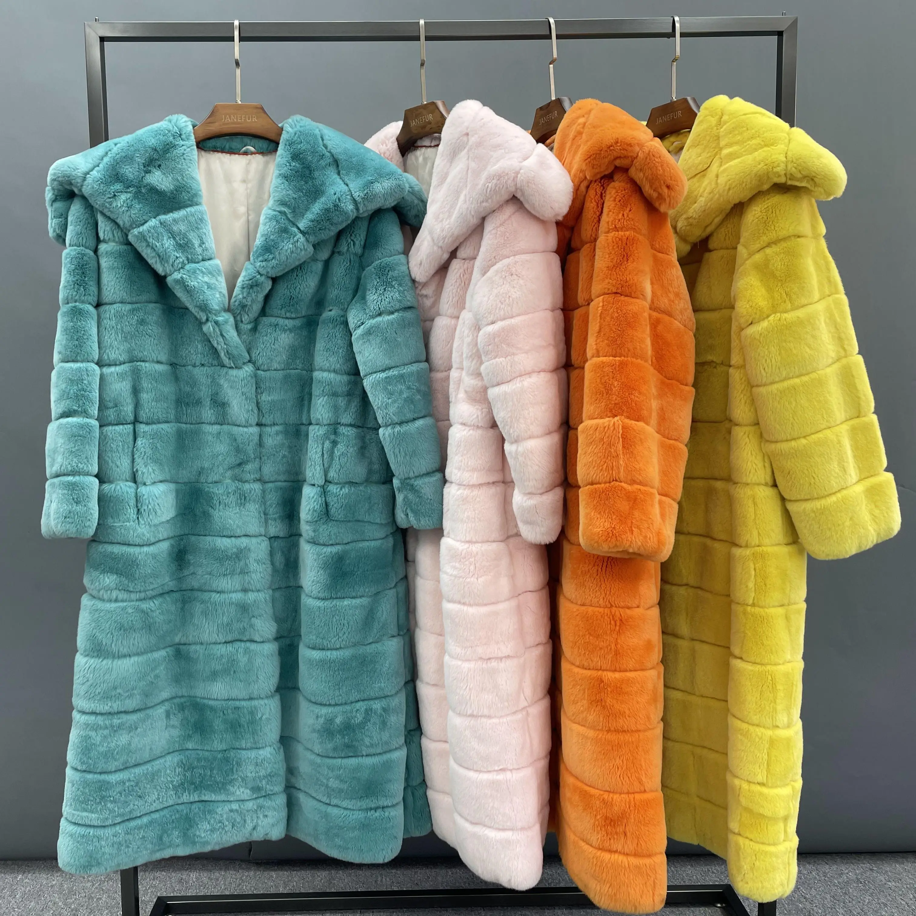 JANEFUR Rabbit Fur Coat Women Long 120cm 2023 Fashion Luxury Warm Real Fur Overcoat Loose Thick Winter Outerwears enlarge