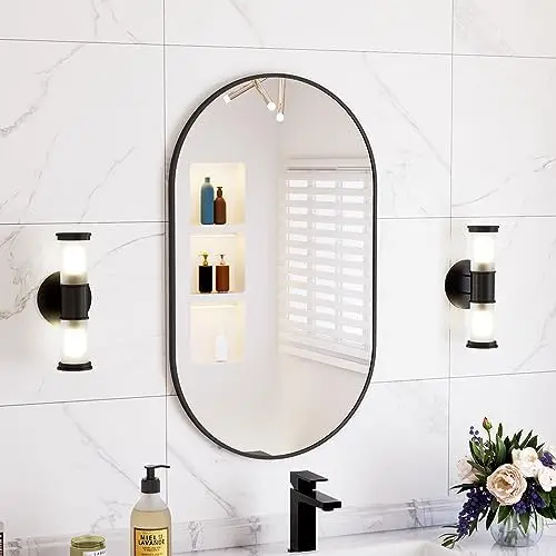 

Mirror, 17"x30" Oval Bathroom Mirror, Black Vanity Mirror w/Metal Frame for Vertical & Horizontal Hang, Ideal for B